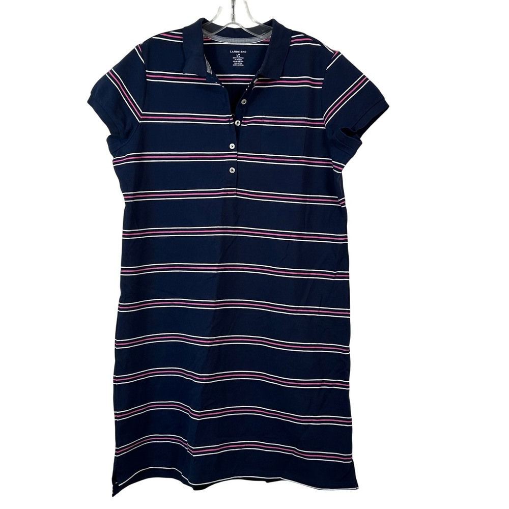 Lands End Womens Petite Large Navy Blue Pink Striped Short Sleeve Polo Dress L/P